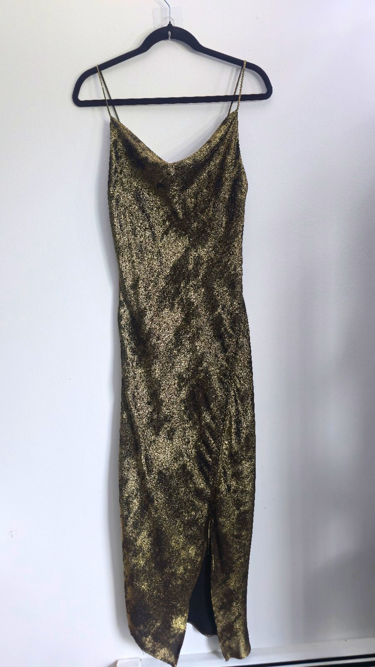 ZARA BASIC Metallic Gold Black Maxi Slip Dress Cowl Neck Spaghetti Strap XS